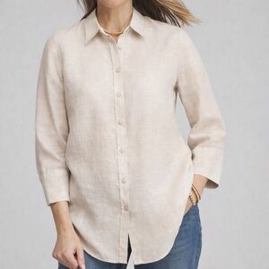 Chico’s 100% Linen Button Down Shirt Beige 3/4 Sleeve Lightweight Size 6